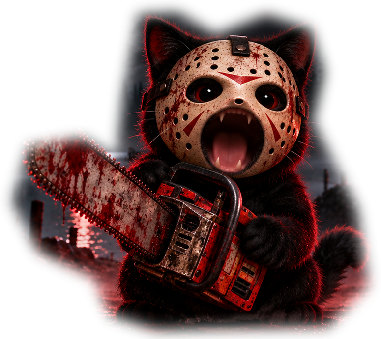 Black horror cat with hockey mask holding a chainsaw